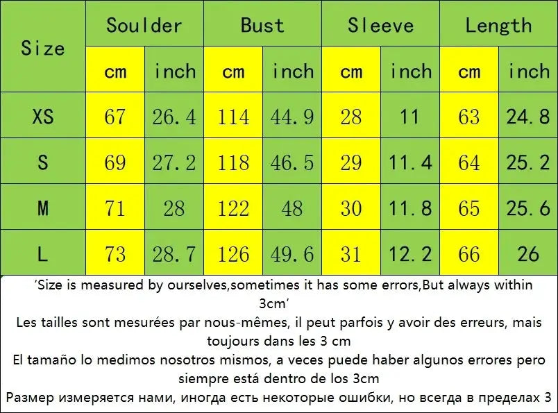 Shirt size chart displaying XS–L shoulder, bust, sleeve, and length measurements with multilingual notes