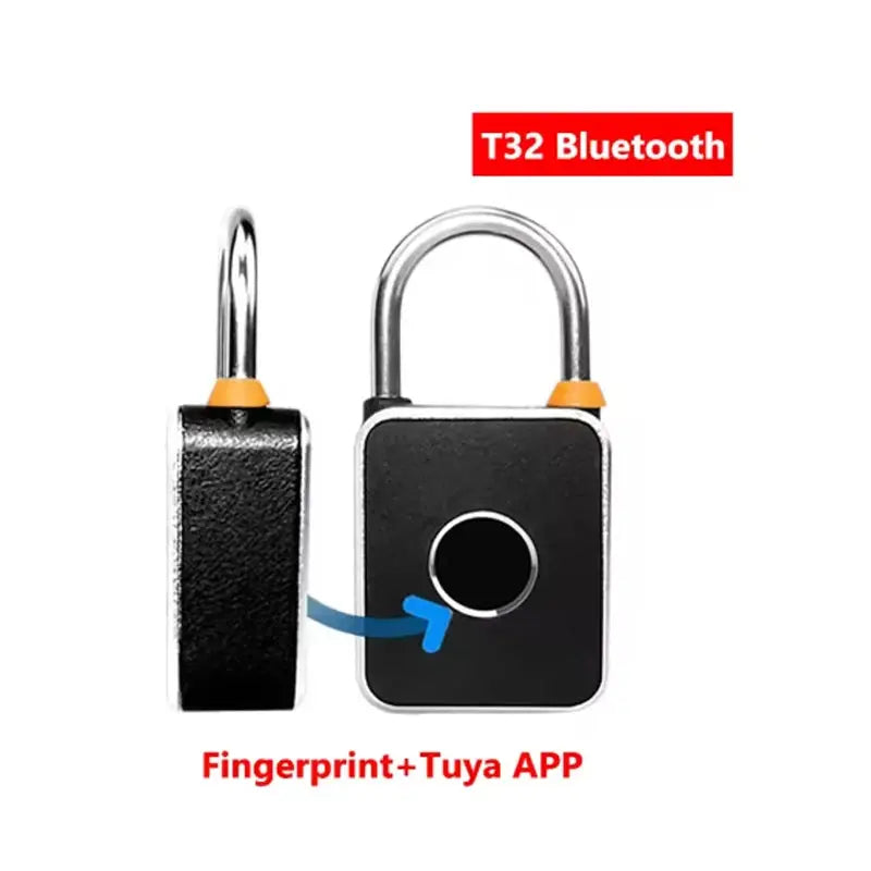 3-in-1 mini smart padlock with fingerprint and Tuya app, USB charging; black body with silver shackle