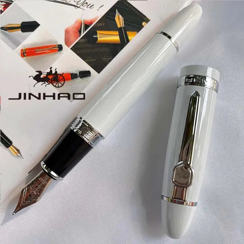 Jinhao 159 fountain pen with silver trim and converter, white body; two-piece set shown