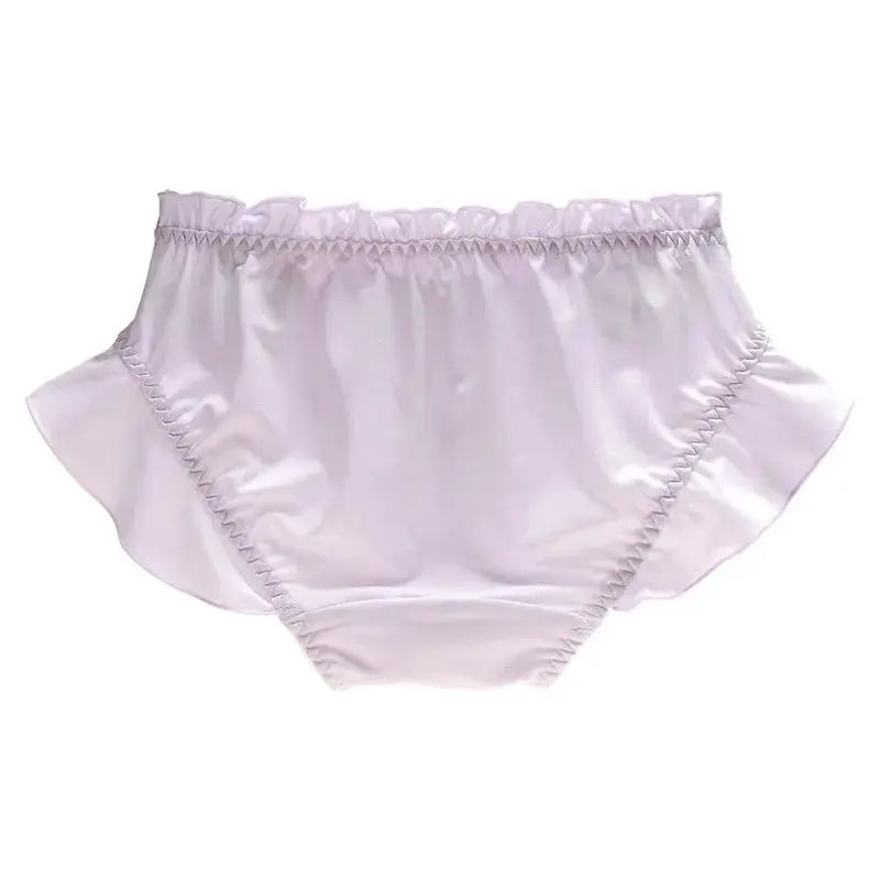 Women satin panties in lavender with ruffle edges and elastic waistband.