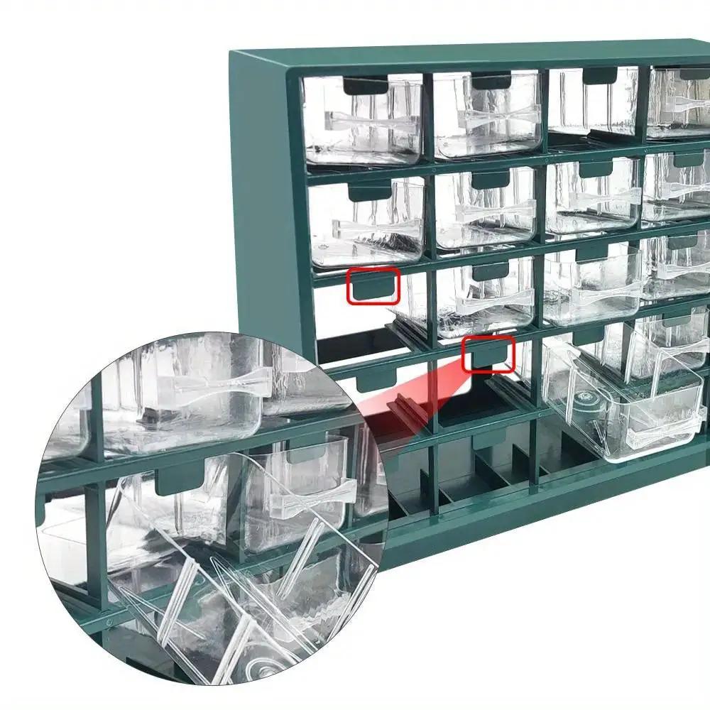25-grid wall-mounted parts organizer by Simples Market with clear drawers in a green frame