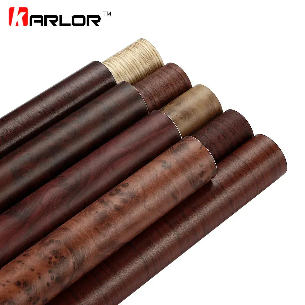 Karlor wood grain PVC self-adhesive vinyl wrap rolls in brown tones for car interior and furniture DIY