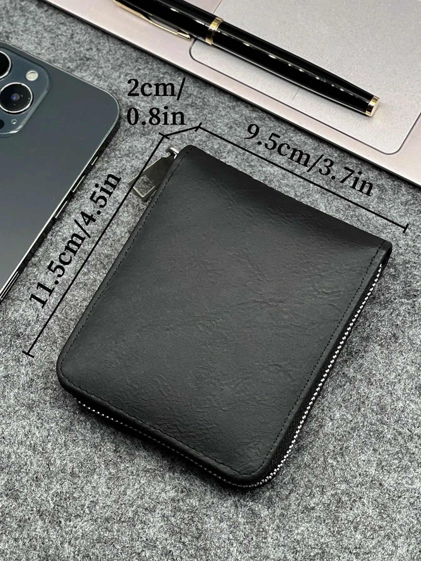 Zippered slim PU wallet, black, compact 11.5x9.5 cm with metal zipper and white stitching
