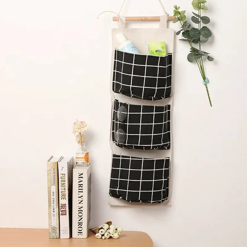 Three Pocket Hanging Wall Storage Bag Cotton Linen Organizer For Bedroom Living Room Kitchen Door Or Wall Mount - Simples Market