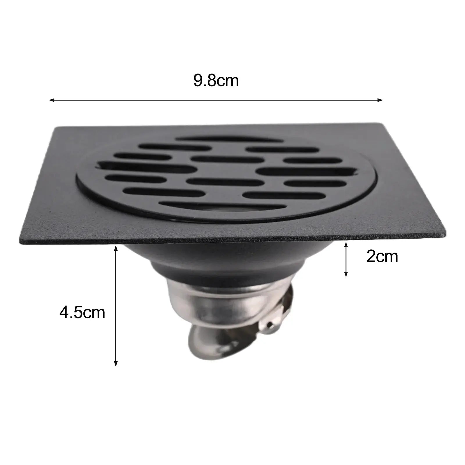 Shower floor drain backflow preventer, stainless steel square black cover with circular slotted grate, Simples Market
