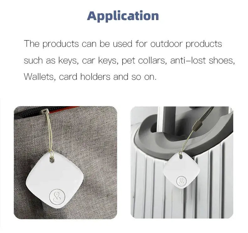 Simples Market Bluetooth mini tracker for Apple Find My; white square tag shown on bag and luggage