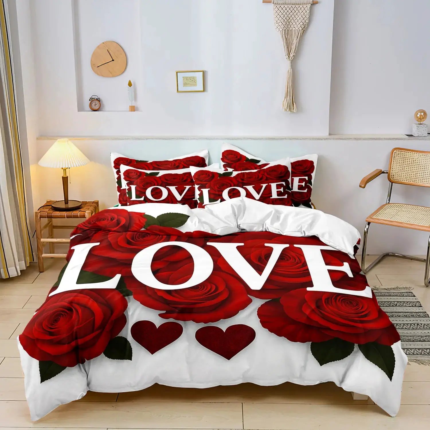 3-Piece romantic red rose bedding set with duvet cover and two pillowcases on bed