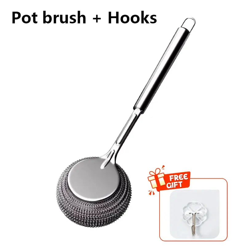 Stainless steel pot brush with long handle and steel-wool ball head by Simples Market