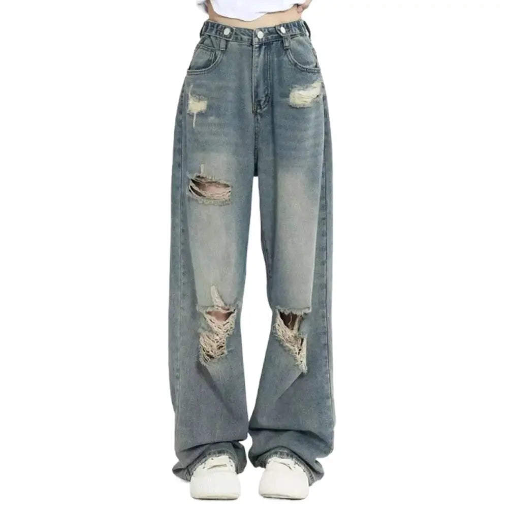 American Retro Hole Punched Jeans Women High Waist Wide Leg Pants