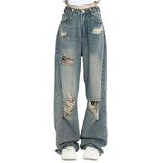 American Retro Hole Punched Jeans Women High Waist Wide Leg Pants