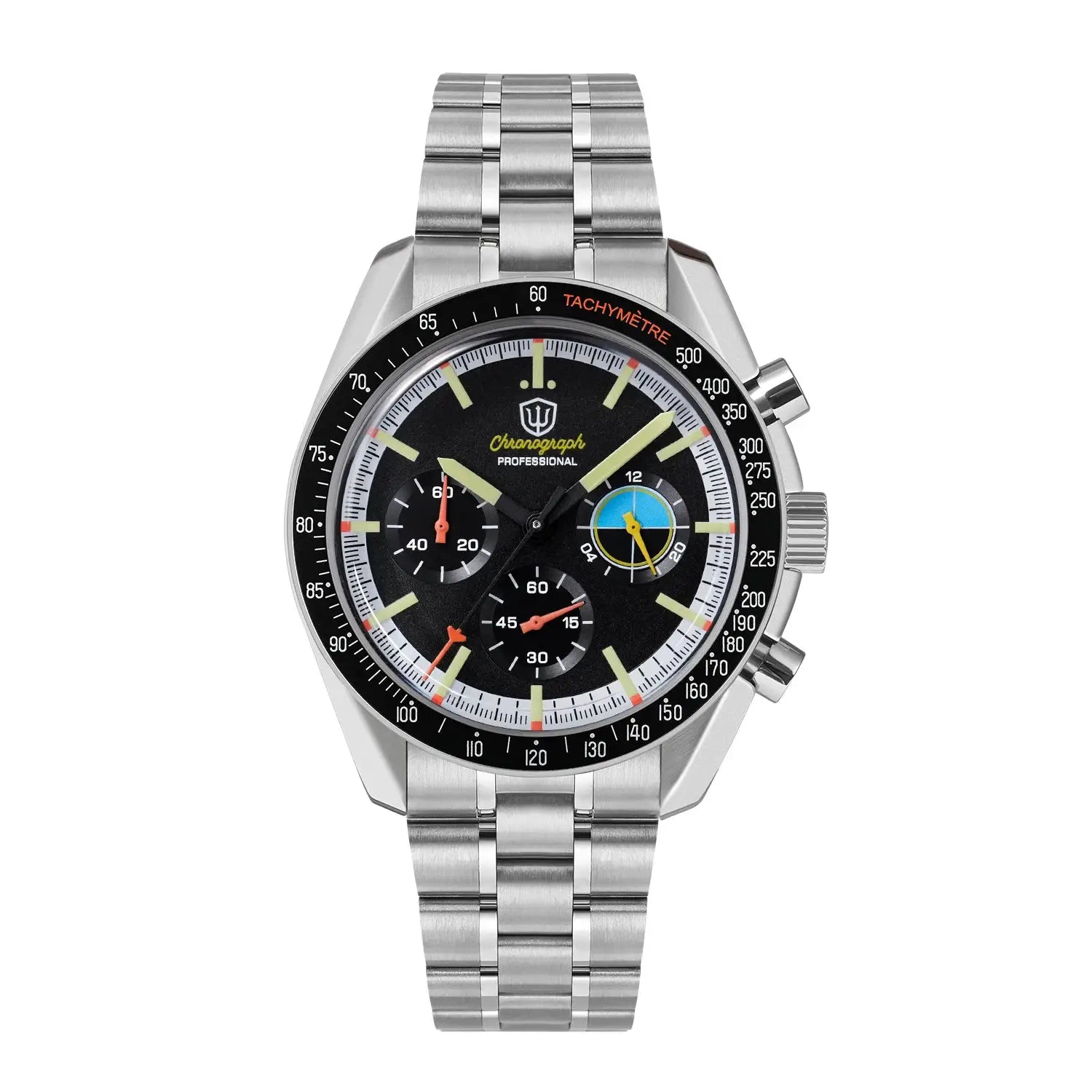 Watchdives WD1863 quartz men's chronograph watch with stainless steel bracelet, black dial, tachymeter bezel