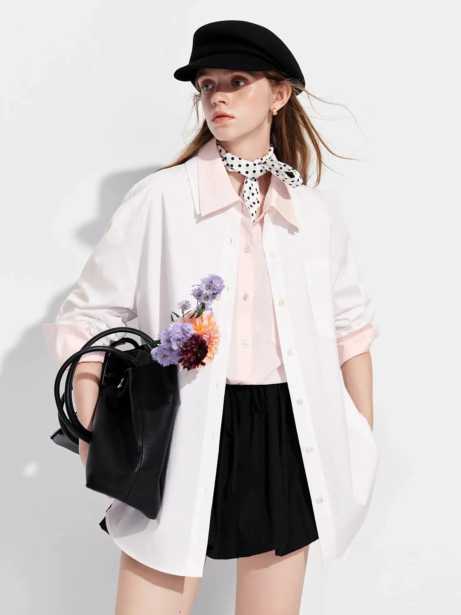 FSLE Premium Series women's white cotton shirt, loose-fit long-sleeve layering blouse over pink top