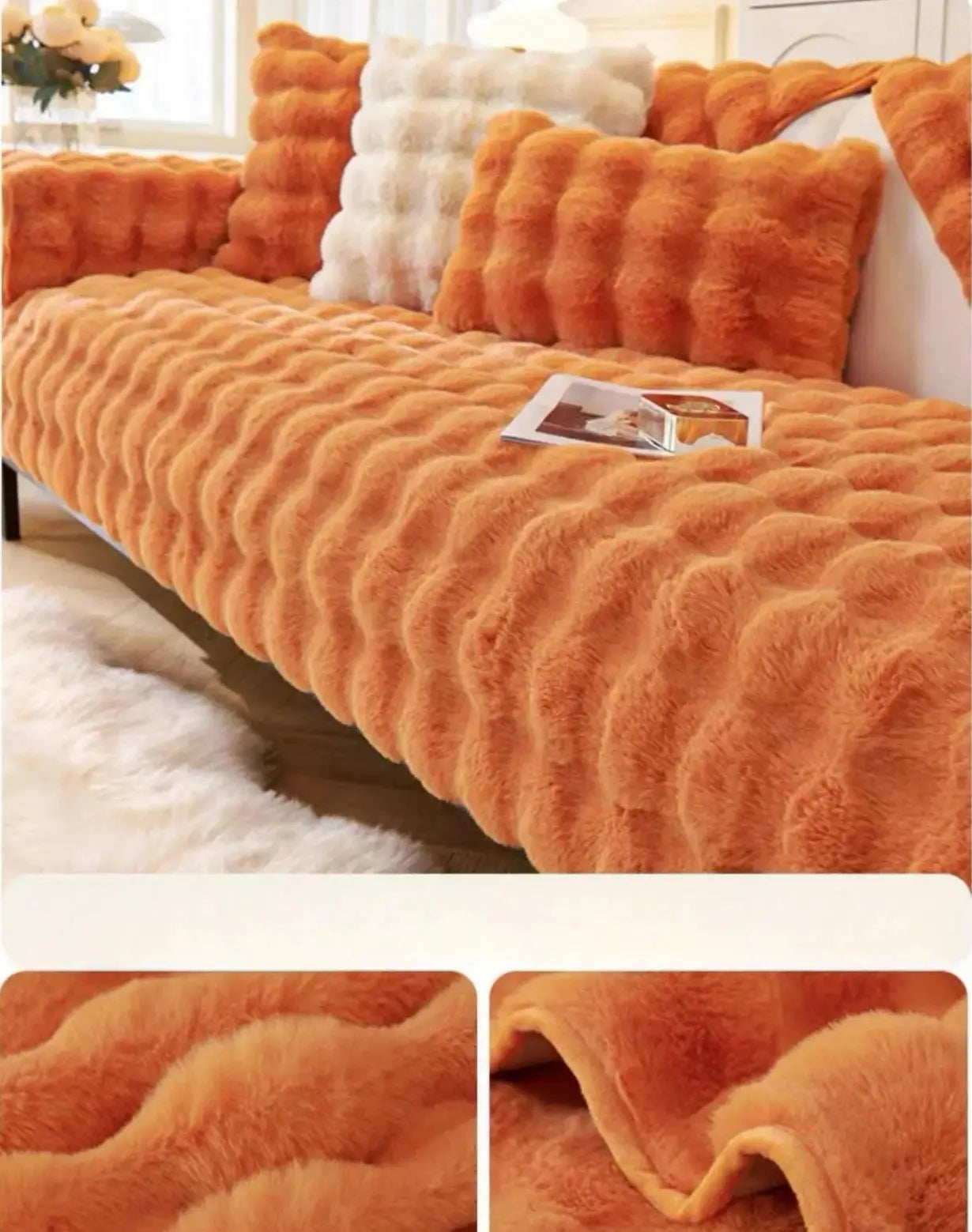 Thick orange faux rabbit fur sofa slipcover with matching cushions, Simples Market, non-slip