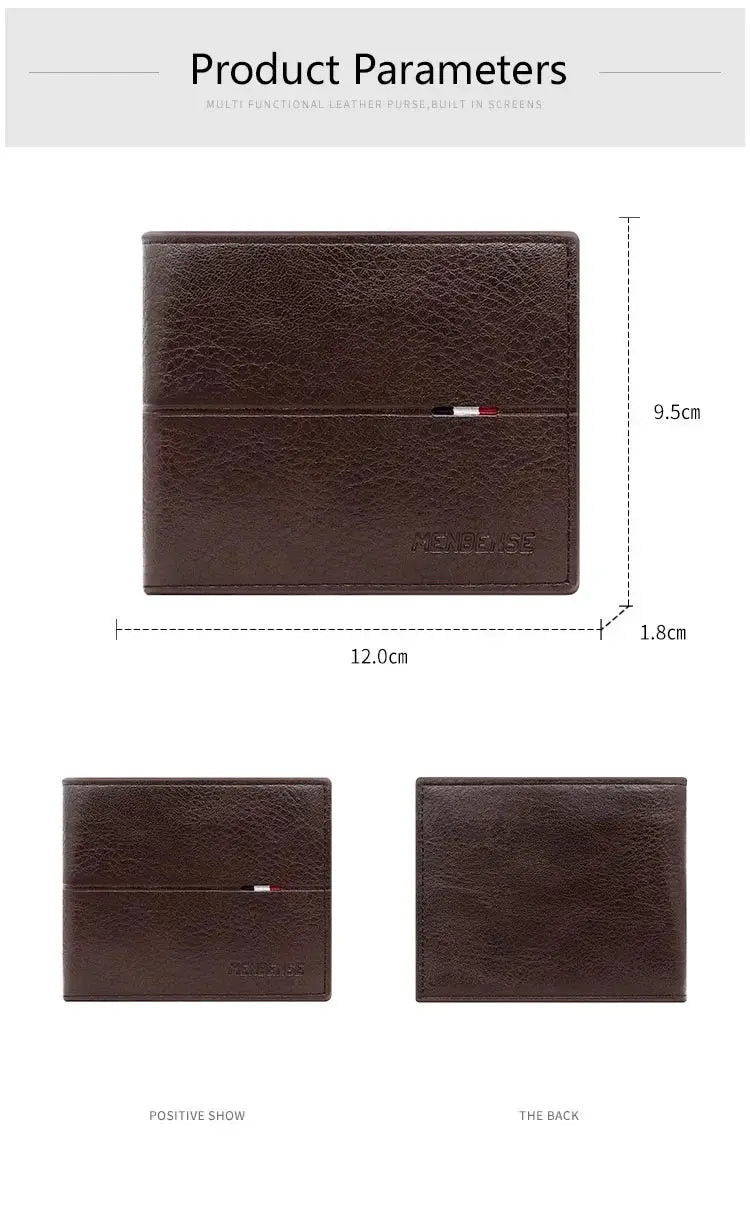 Men's brown PU leather bifold wallet with slim profile and coin pocket; 12.0 x 9.5 cm, 1.8 cm thick