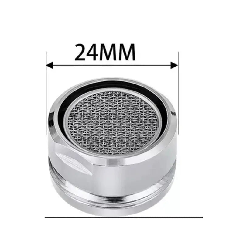 Brass water-saving faucet aerator with replaceable filter, 24mm thread and chrome finish.