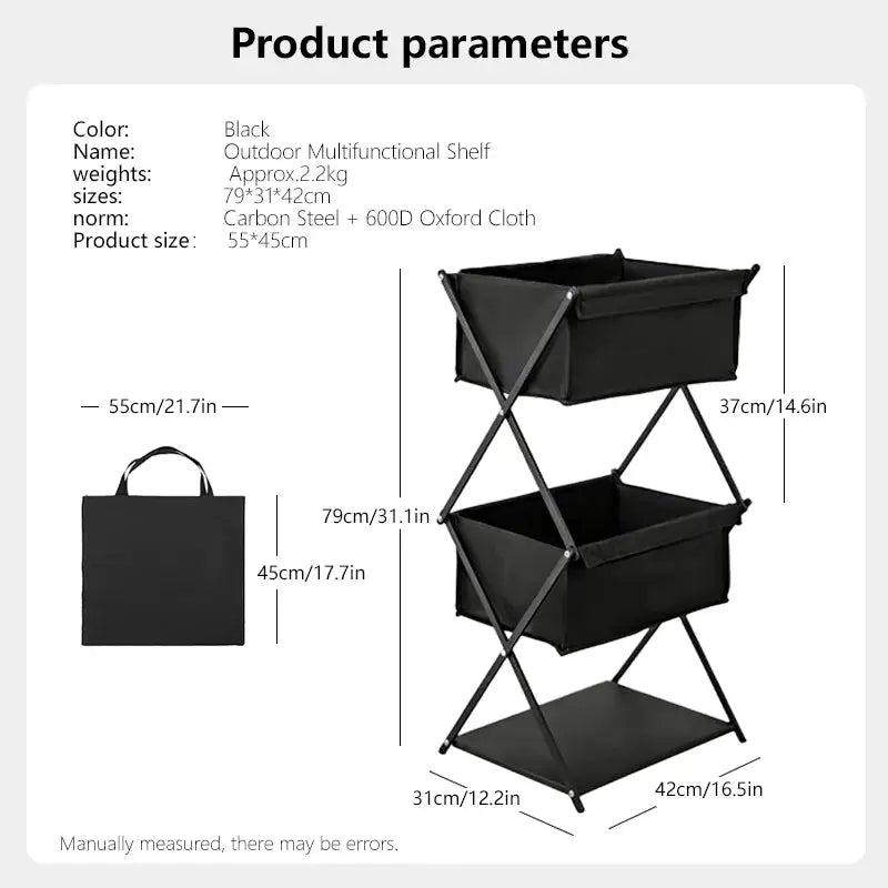 Simples Market TARKA three-tier folding outdoor storage rack in black with fabric bins