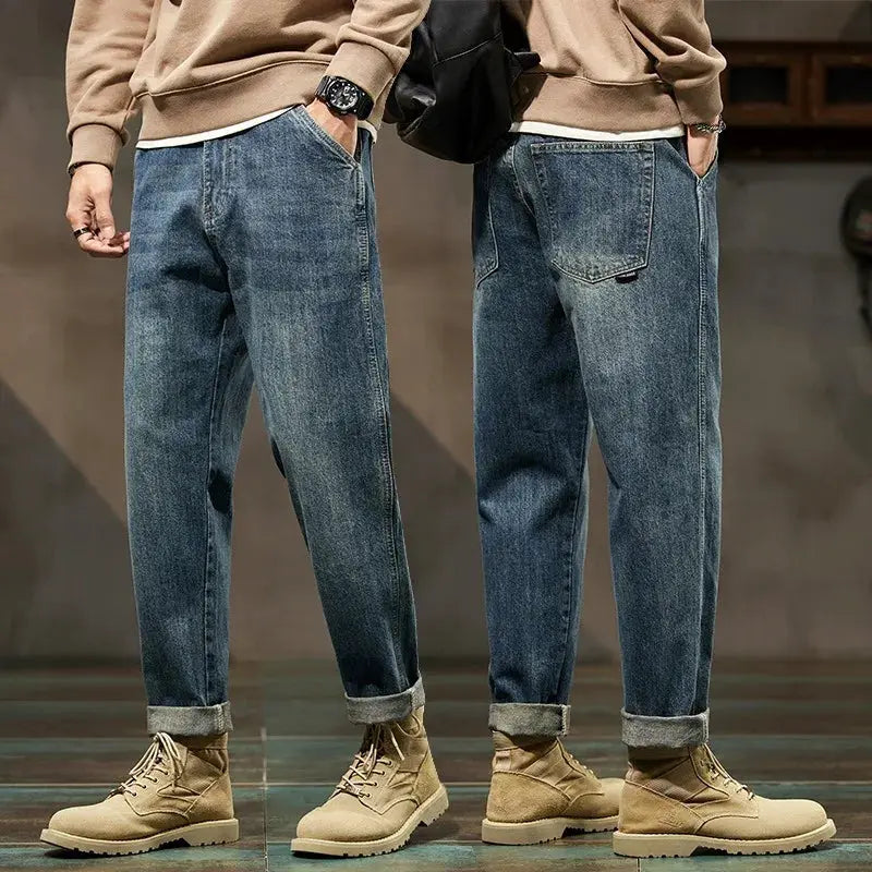 Men's loose denim jeans with Harajuku straight fit; cuffed hems, two blue jeans shown.