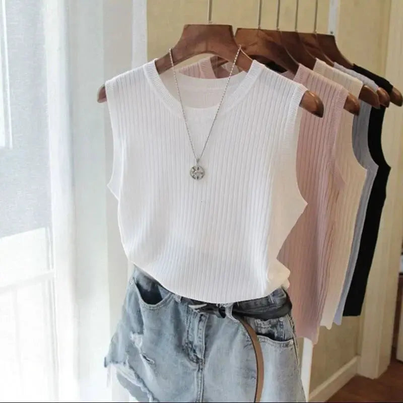 Korea Knitted Vests Women Top Lightweight Breathable High Stretch Polyester Knit For Summer Comfort