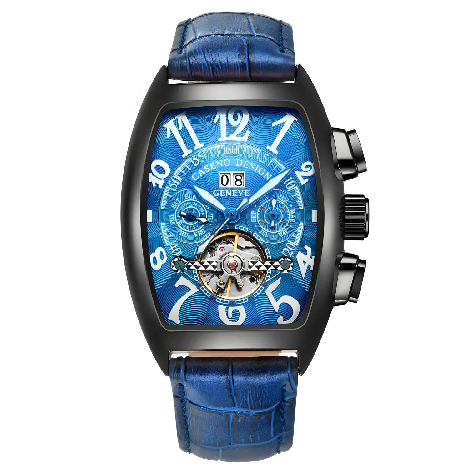 Caseno skeleton tourbillon men's watch, blue dial, blue leather strap