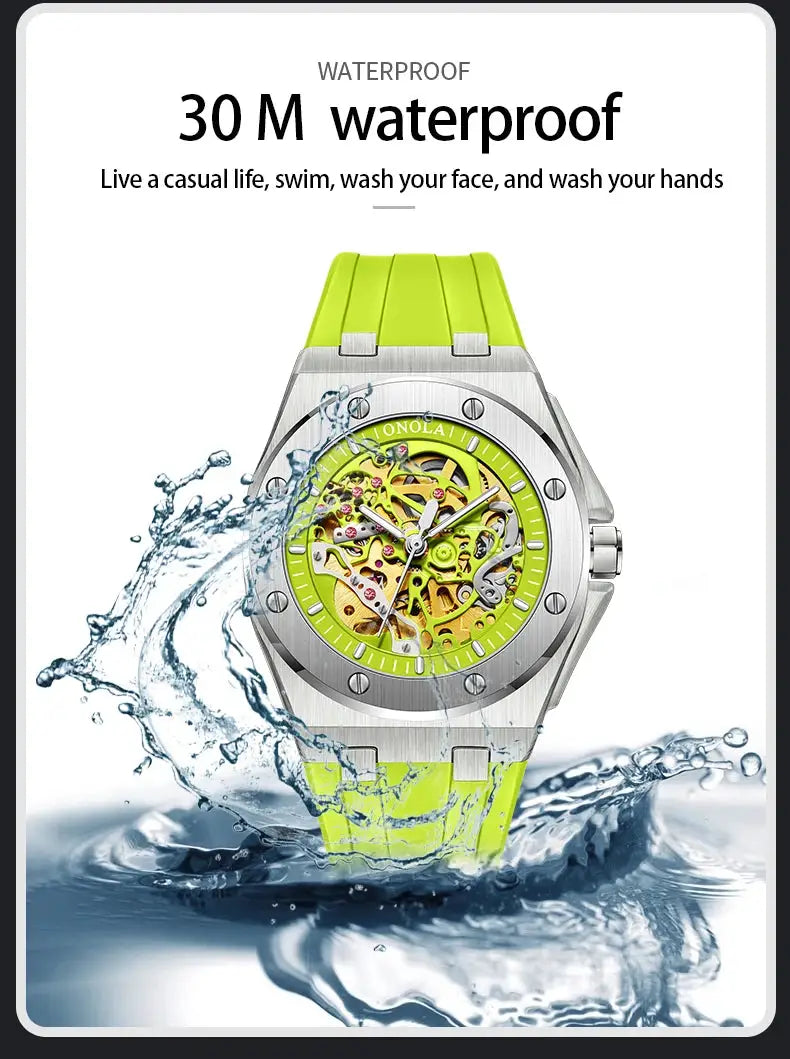 ONOLA skeleton men's watch with neon lime strap, stainless steel case, 30M water resistant