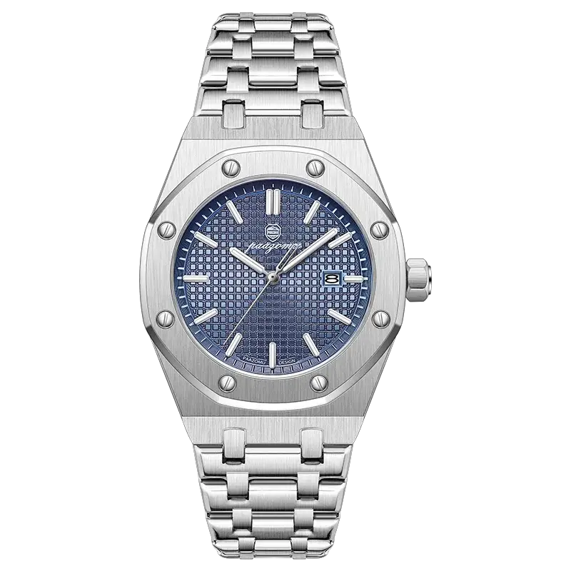 PAAZOMU square men's quartz watch with blue textured dial, date window, luminous hands, stainless steel bracelet