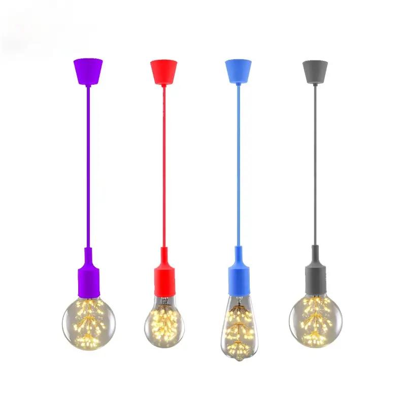Pendant lights set of 4: silica gel cord pendants in purple, red, blue, gray with E27 bulbs