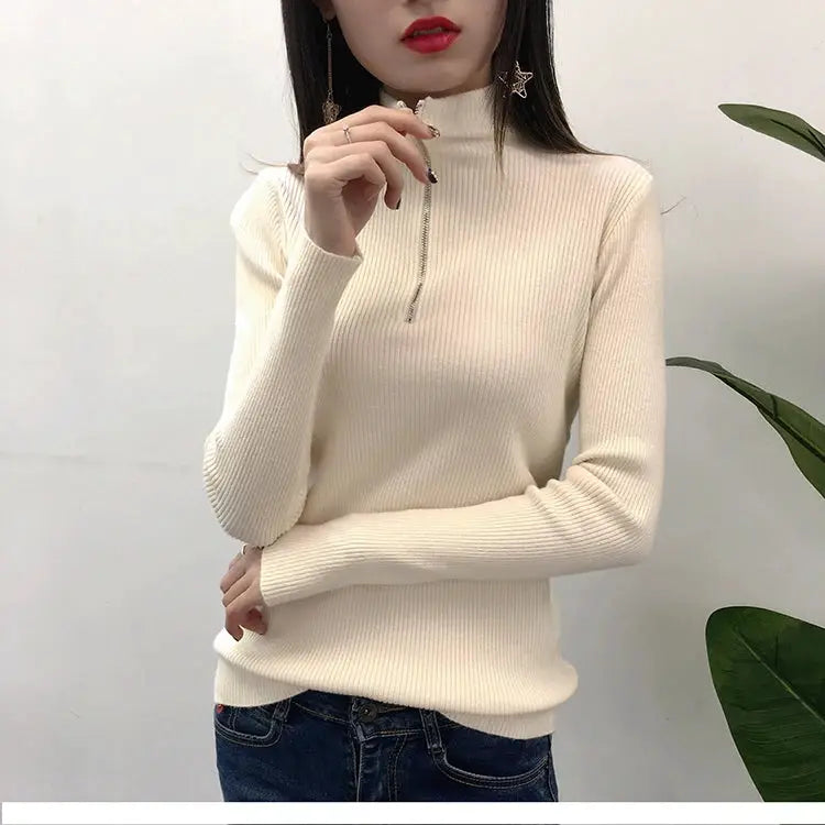 TrendWeave Zipper Half High Neck Knit Sweater Pullover For Women Autumn Winter Slim Solid Knitwear