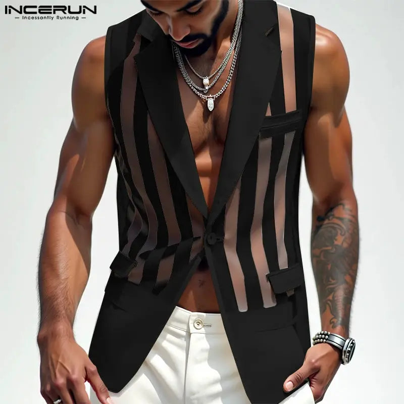 Mens mesh striped vest with sheer black stripes, sleeveless one-button waistcoat, INCERUN logo visible
