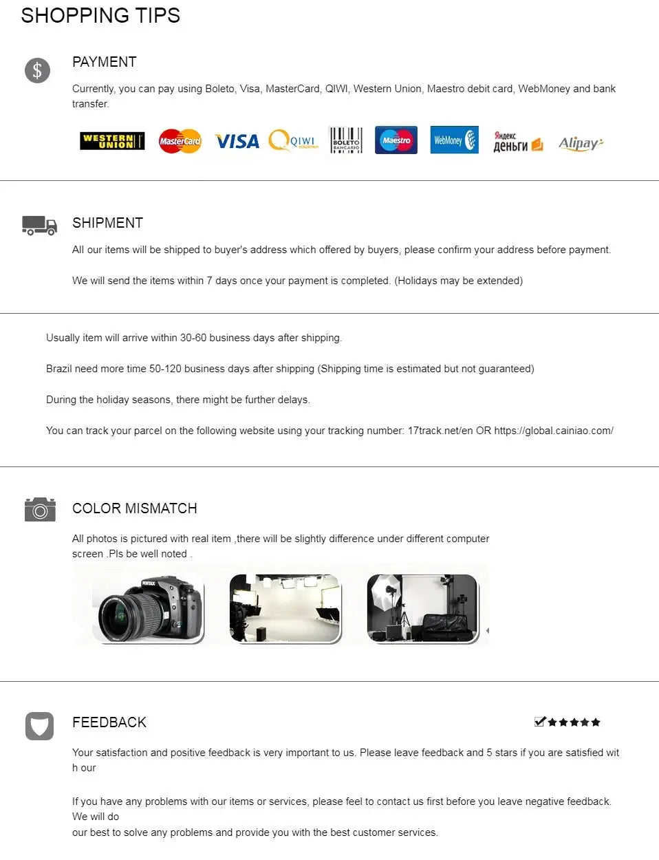 Shopping tips page with payment logos, shipping details, color mismatch notice, and feedback section