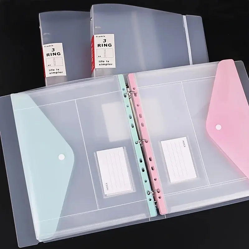 6-pack expandable binder pockets; translucent, side-opening folders with snap buttons for 11-hole binders.