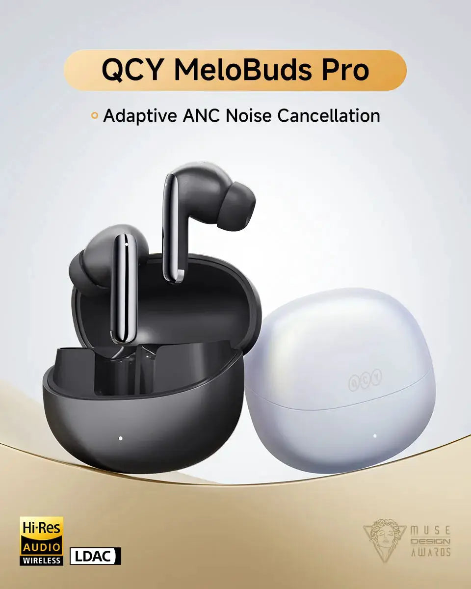 QCY MeloBuds Pro wireless earbuds pair with black charging case and white case; adaptive ANC, Hi-Res LDAC