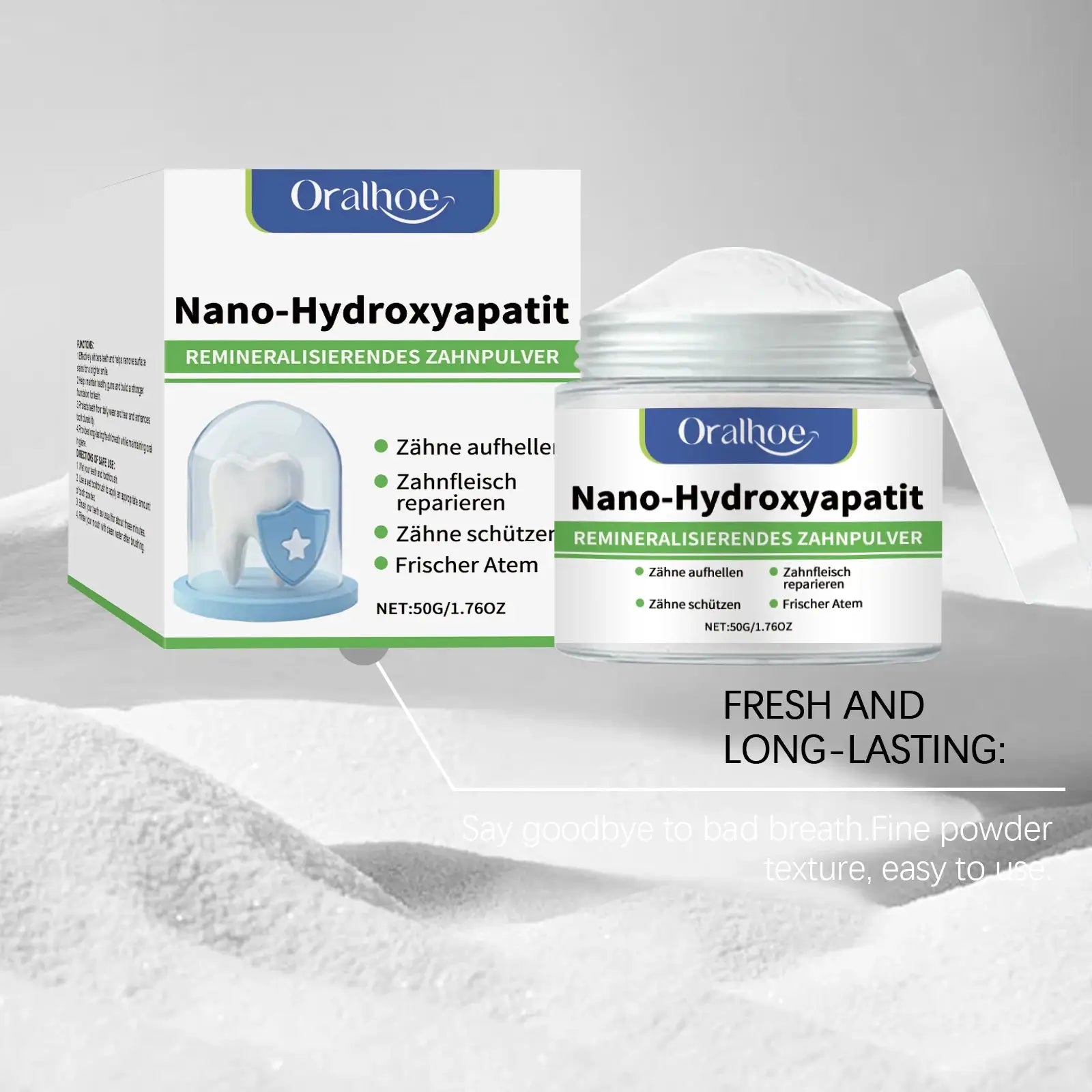 Oralhoe Nano-Hydroxyapatite remineralizing tooth powder in jar and box