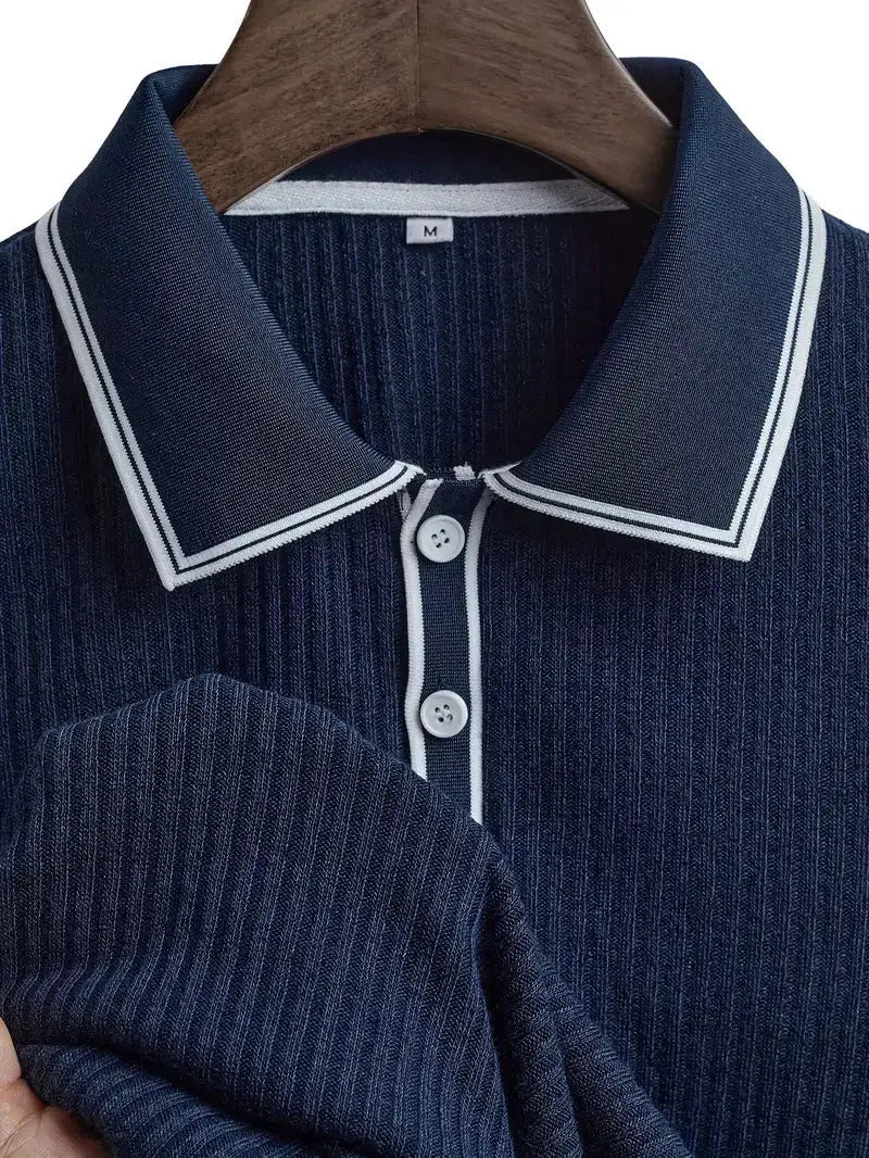 Simples Market navy knit polo shirt with white-trim collar and placket, short sleeves, size M