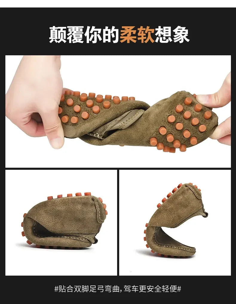 Men's suede driving loafers in tan with orange studded soles; casual outdoor shoes.