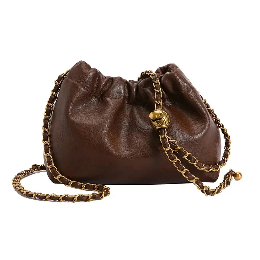 Women brown leather shoulder bag with gold chain strap and pleated top