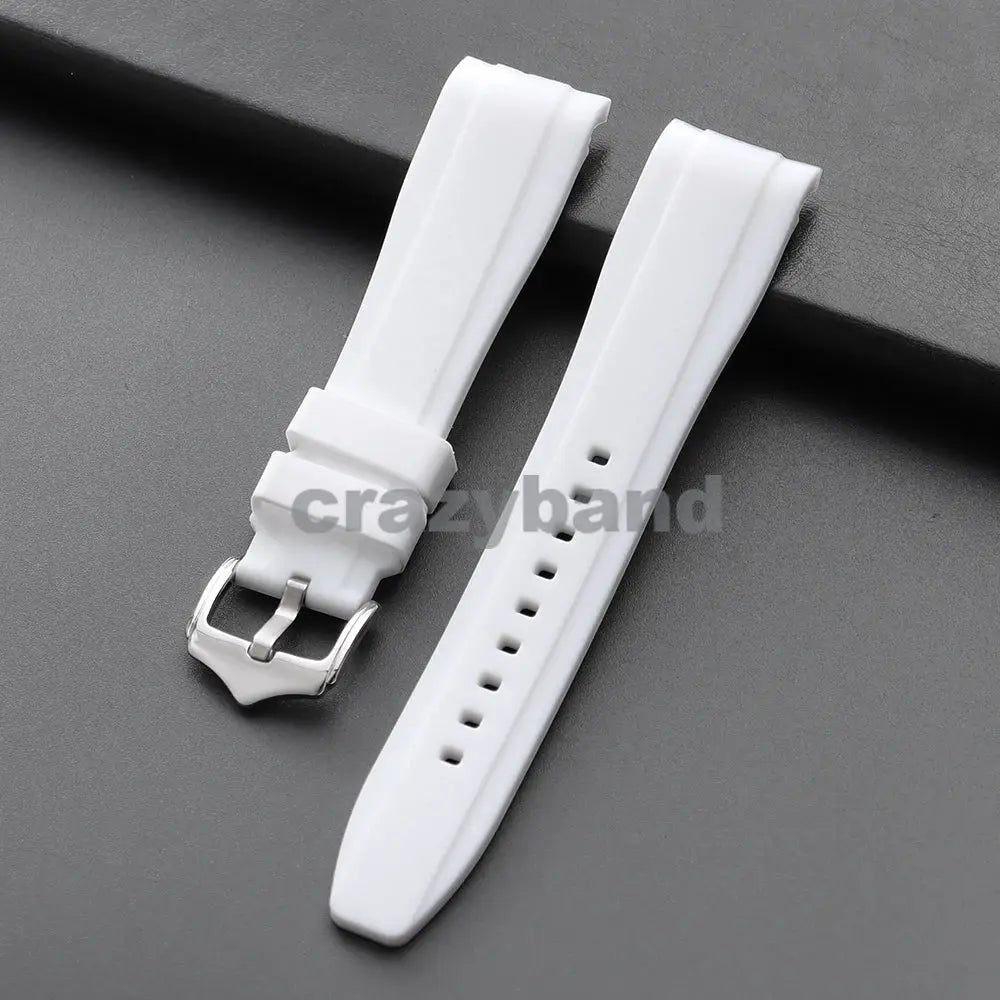 White silicone watch strap with metal buckle, 20/22mm universal curved-end, two-piece replacement band