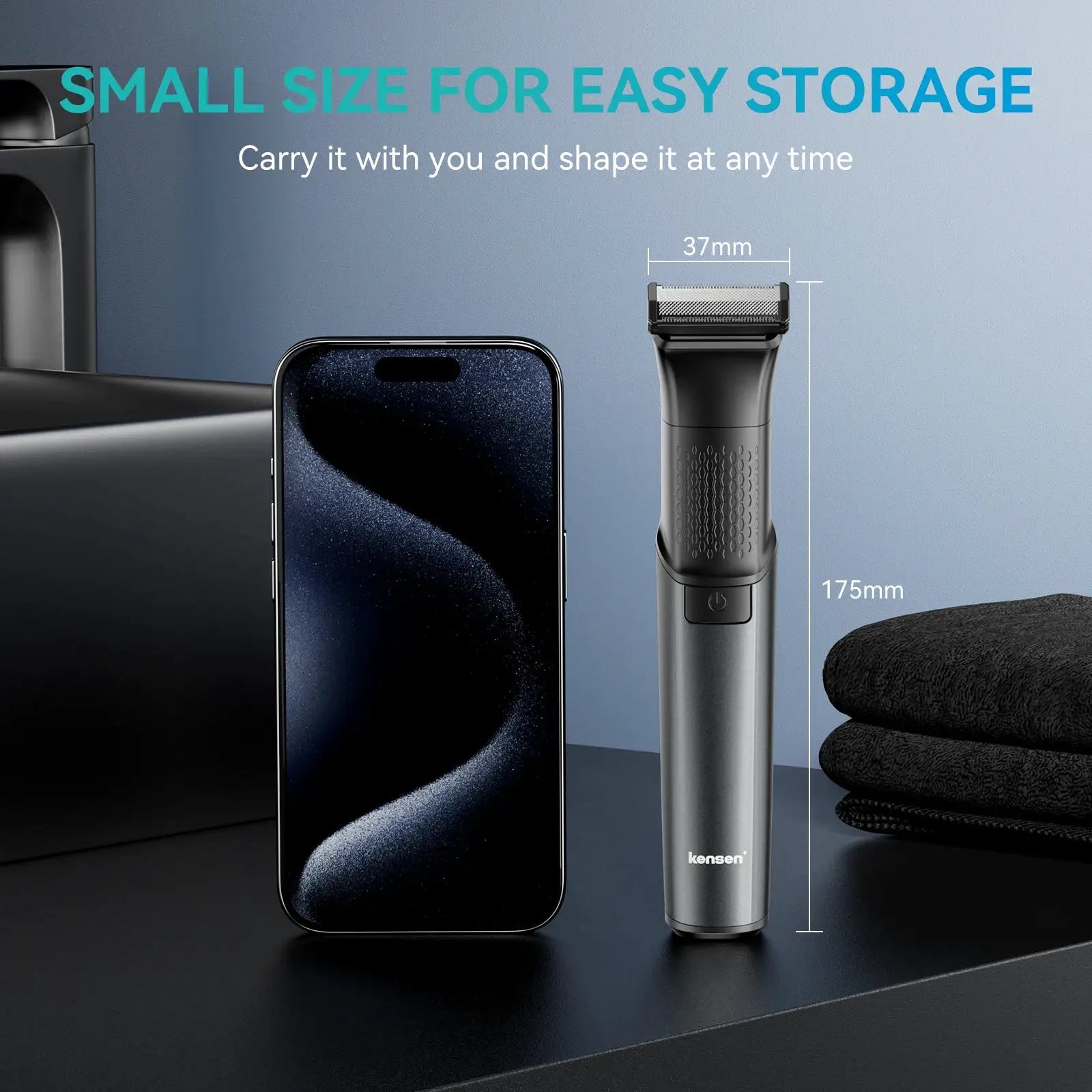 KENSEN S15 electric beard trimmer with dual blades, IPX6 waterproof, black with textured grip.