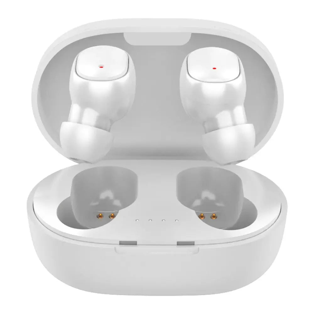 A6S wireless Bluetooth earphones in white charging case with red LED indicators