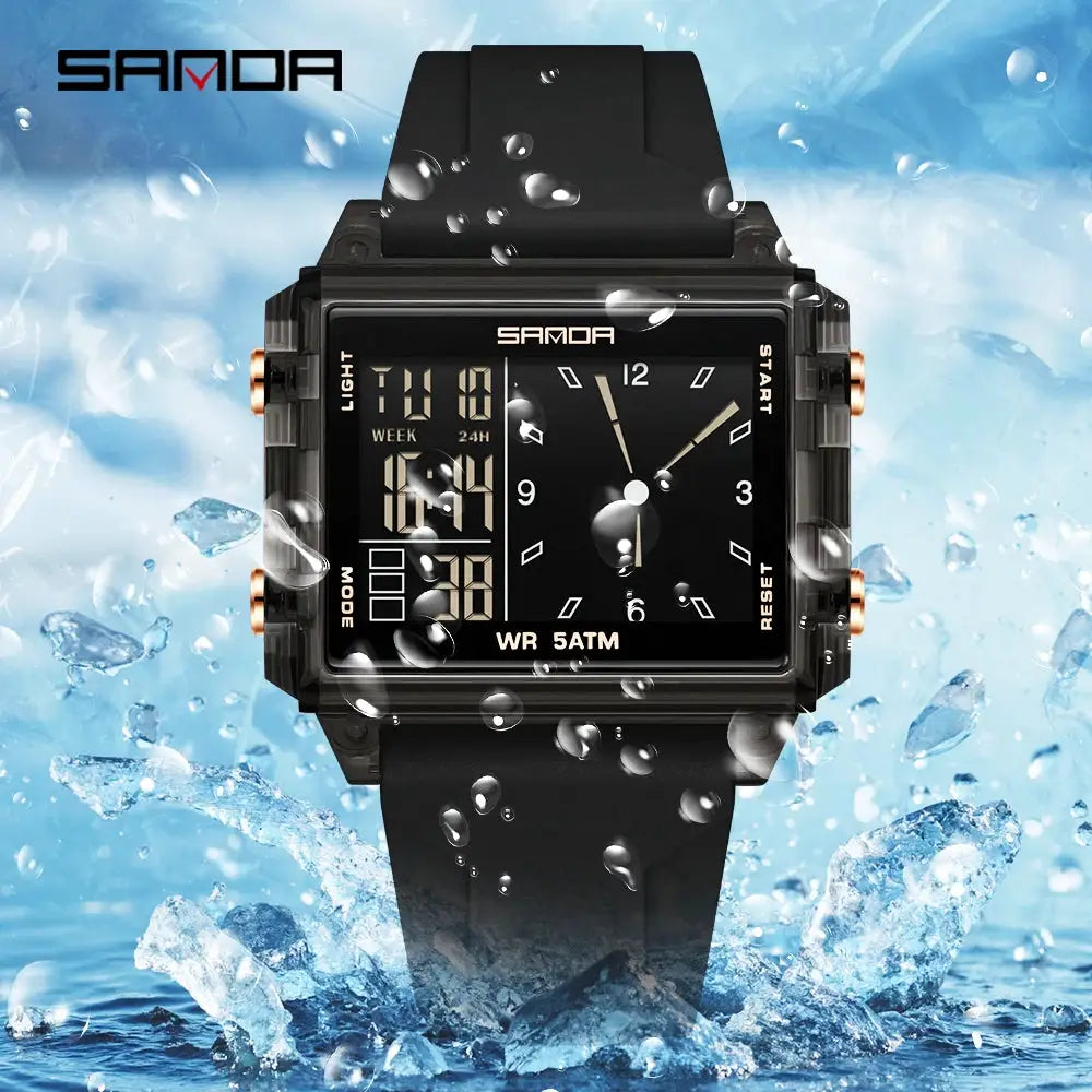 SANDA 6273 unisex square dual-time wristwatch, black, water resistant 5ATM, Simples Market.