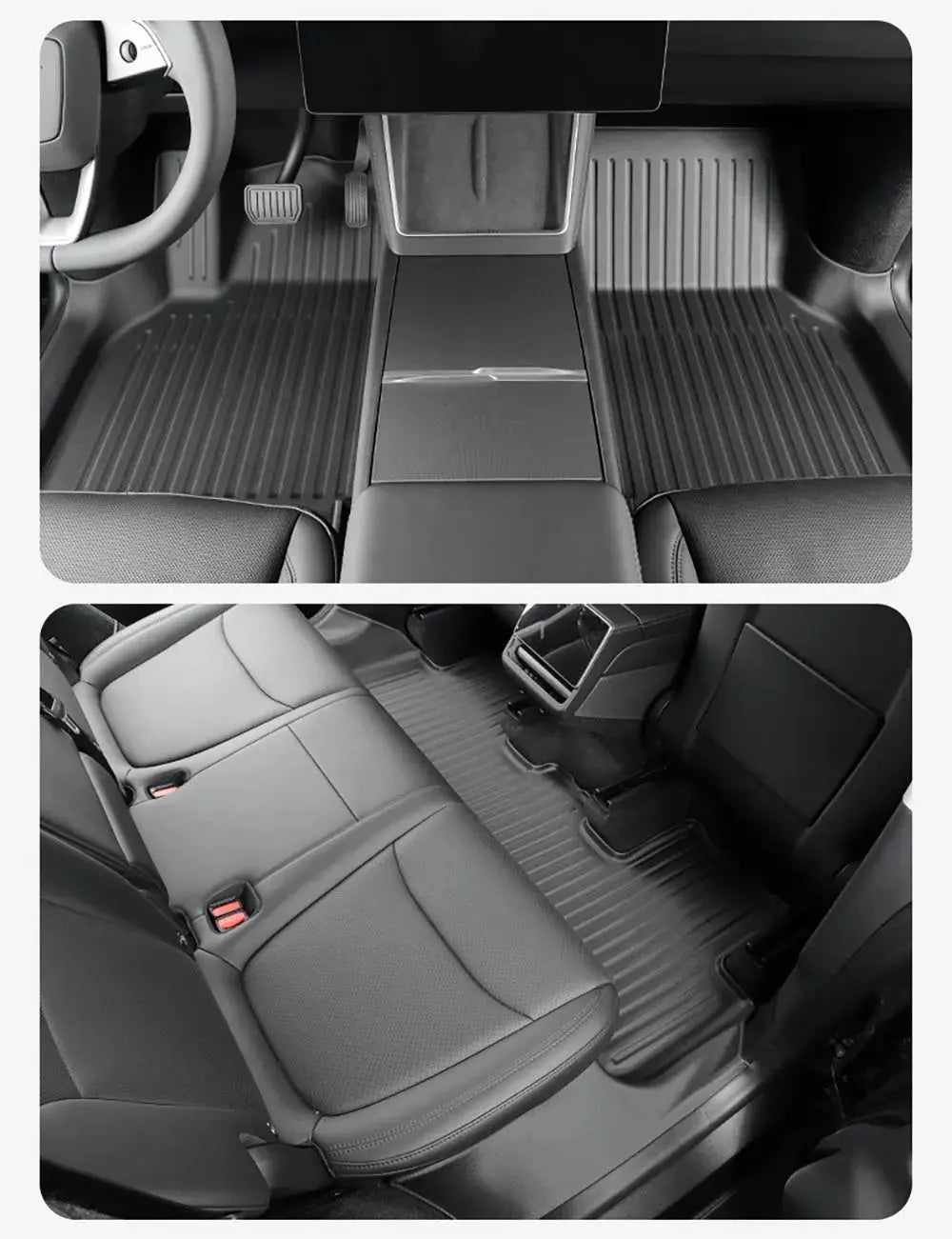 Floor mats for Tesla Model Y with door-sill protection; Simples Market all-weather black mats for front, rear, and cargo area.