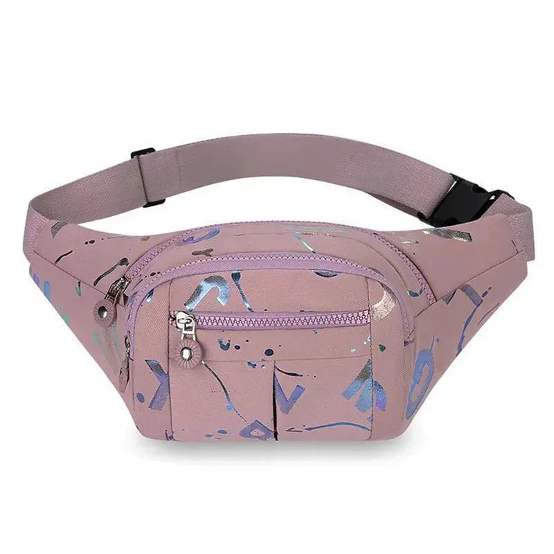Women's waist bag pink Oxford cloth with abstract print, waterproof belt bag with front zip pocket