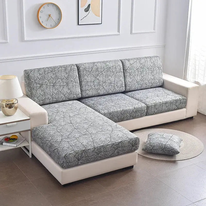 Elastic gray seat cushion cover for sectional sofa, stretchy fabric, washable and removable.