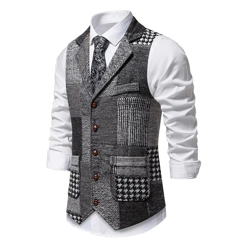 Men's green tweed plaid patchwork waistcoat with lapels for wedding groomsmen