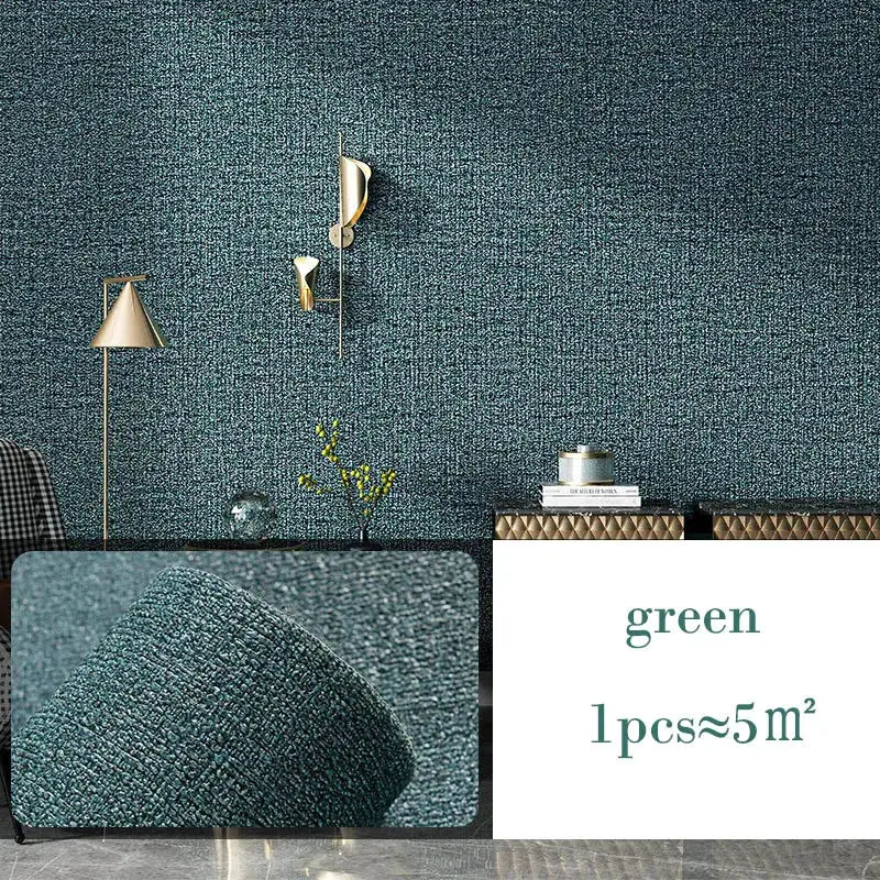 Self-adhesive 3D thickened thermal insulation wallpaper in green linen texture by Simples Market