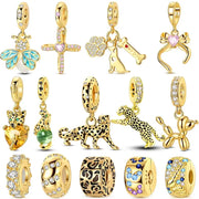 925 Sterling Silver Gold DIY Charms Beads Inlaid Zirconium Sun Leopard Pendants Fit Bracelet For DIY Jewelry Making