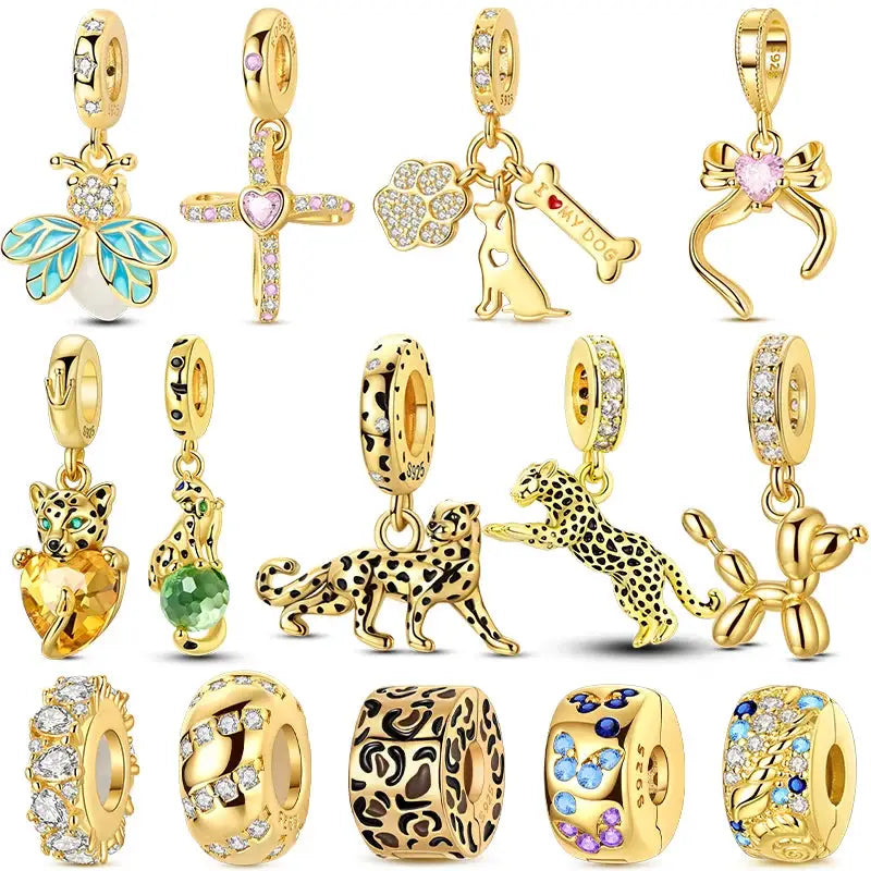 925 Sterling Silver Gold DIY Charms Beads Inlaid Zirconium Sun Leopard Pendants Fit Bracelet For DIY Jewelry Making