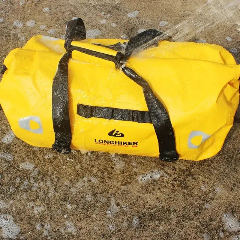 Waterproof yellow duffle bag with black straps and Longhiker logo, 40L-120L capacity for outdoor adventures