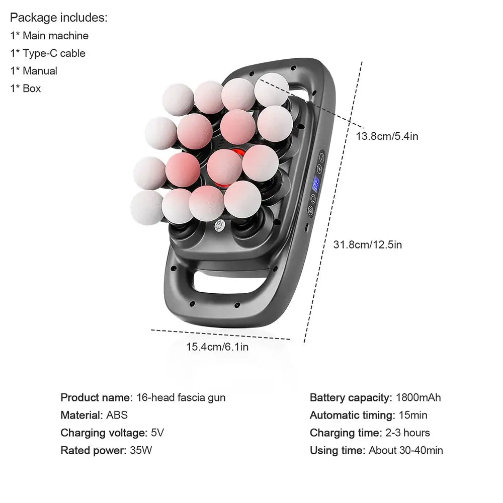16-head fascia gun massage device in dark gray with pink massage heads.