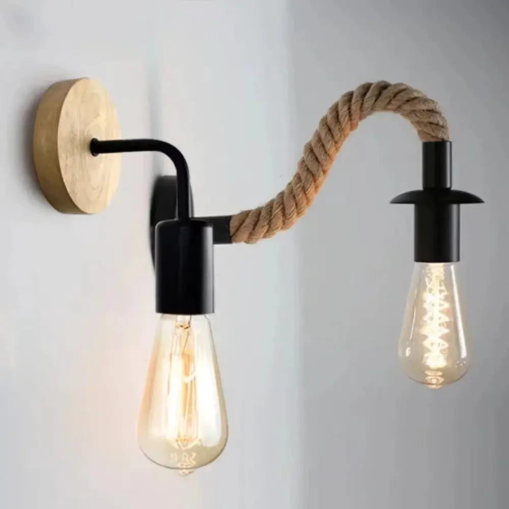 Retro hemp rope wall lamp with two E27 Edison bulbs, black iron arms and wooden wall mount
