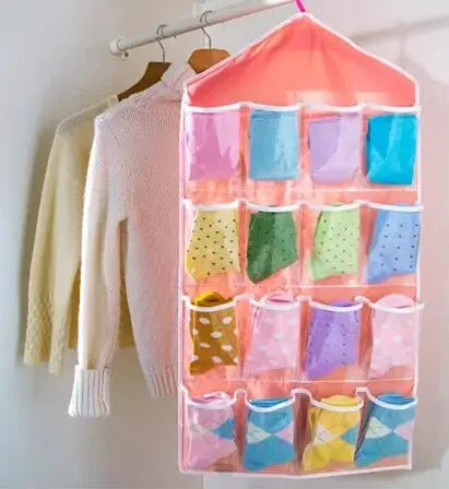 Pink 16-pocket hanging wardrobe organizer for socks and underwear in closet
